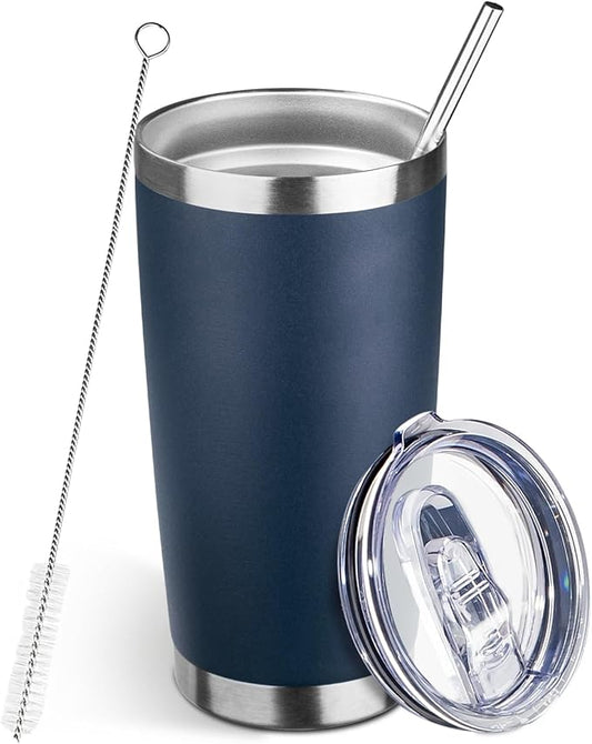 20oz Tumbler Bulk with Lid and Straw, Stainless Steel Double Wall Vacuum Insulated Travel Mug, Powder Coated Coffee Cups for Hot and Cold Drinks,Funny Gifts for Women Men(Navy Blue,1)