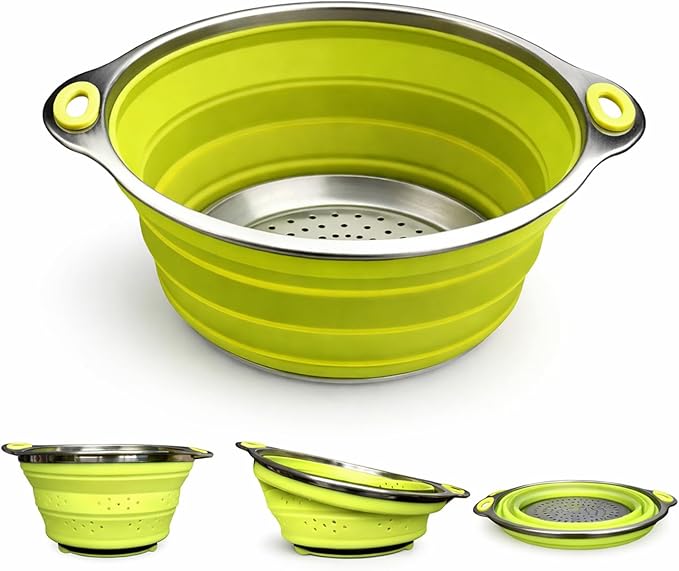 Oneida 8 inch Color Burst Stainless Steel Silicone Collapsible Colander Strainer - Green