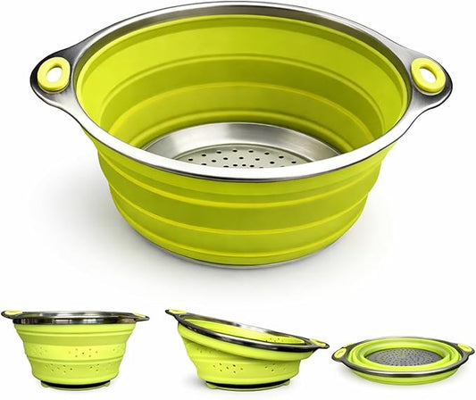 Oneida 8 inch Color Burst Stainless Steel Silicone Collapsible Colander Strainer - Green