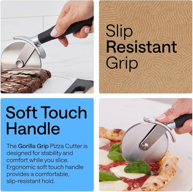 GORILLA GRIP Patented BPA-Free Large Pizza Cutter Wheel, 9 Inch, Extra Sharp Stainless Steel Blade, Slip Resistant Handle with Thumb Guard Protection, Slice Thick or Thin Pizzas, Pie, Pastries, Black