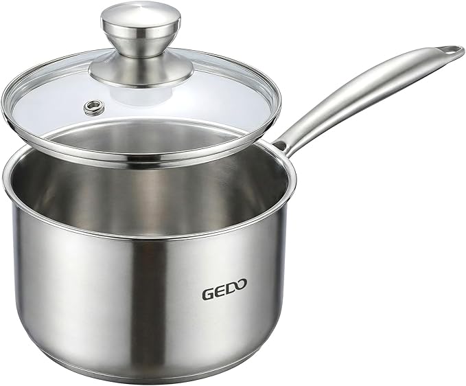 GEDO Food-Grade 316L Stainless Steel Sauce Pan with Glass Lid, 3-Ply Integrated Body Uncoated Cooking Pot, Universal for Induction Gas Ceramic Stovetops, Multi-Purpose Kitchen Cookware (2, Quarts)