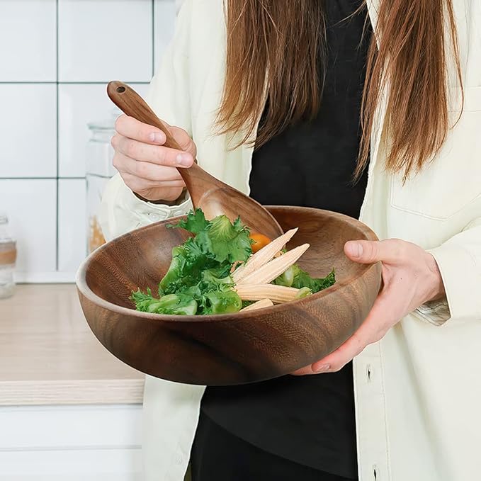AOOSY Large Wooden Salad Bowl, Acacia Wood Salad Bowl with Salad Tongs, 9" x 2.8" Round Fruit Serving Bowl Set for Mixing Fruits Cereal Pasta,Set of 3