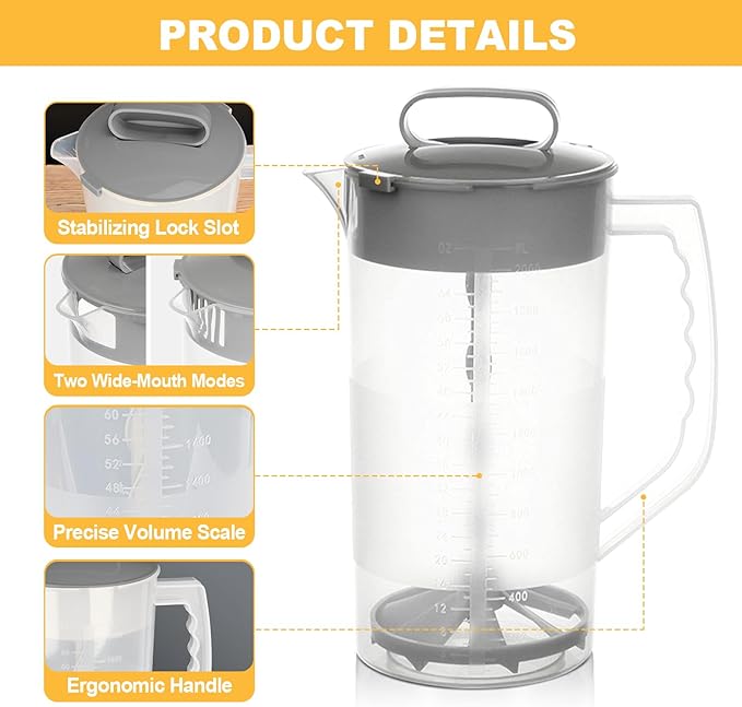 Mixing Pitcher for Drinks, 2 Quart/ 64oz Plastic Water Pitcher with Lid, Angled Plastic Blades and Adjustable Mixer Plunger for Juice, Powdered Milk, Beverage Container (Two)