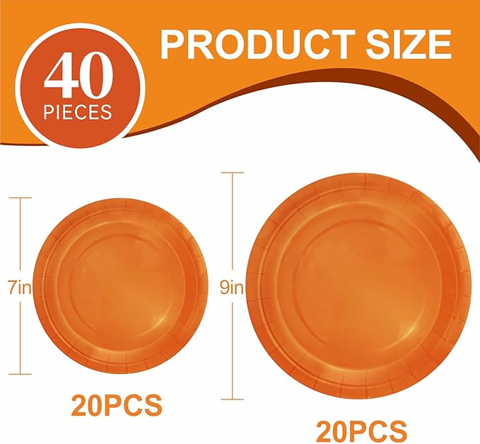 40Pcs Disposable Paper Plates Orange,Including 20pcs 9" and 20pcs 7" Plates,Strong and Sturdy Disposable Plates for Party, Dinner, Holiday, Picnic,Birthday Party, Dinner Table, Wedding