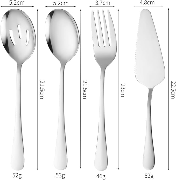 Silver Flatware 7 Piece Stainless Steel Set Includes Serving Spoons, Slotted Serving Spoon, Serving Tongs, Serving Fork, Salad Fork, Soup Ladle, Pie Server