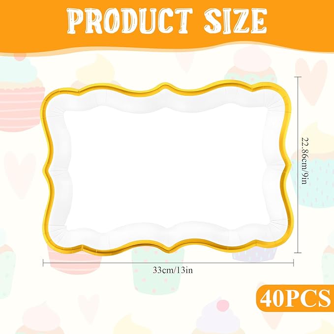 40 Pcs White and Gold Rim Cardboard Serving Trays, 9" x 13" Disposable Serving Trays and Platters Cupcake Platter Rectangle Gold Servings Tray for Fruit Dessert Cookies Birthday Party Wedding