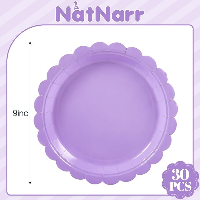 30 Pcs Lavender Plates 9 Inch Disposable Scalloped Easter Plates Light Purple Birthday Plate Cute Dessert Party Plate for Easter, Wedding, Bridal Shower, Girls Birthday