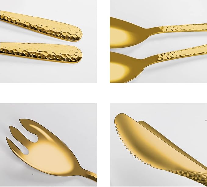 Salad Spoon and Fork Stainless Steel Tong Serving Set, Heavy Duty Hammered Finish Serving Utensils Large Salad Servers for Kitchen Party Buffet Supply (Gold)