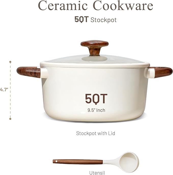CAROTE 5QT Nonstick Stock Pot with Lid, 5 Quart Casserole with Ladle, Even Heating Stockpot, Fits All Stoves, Non Stick Big Cooking Pots PFOA Free, White