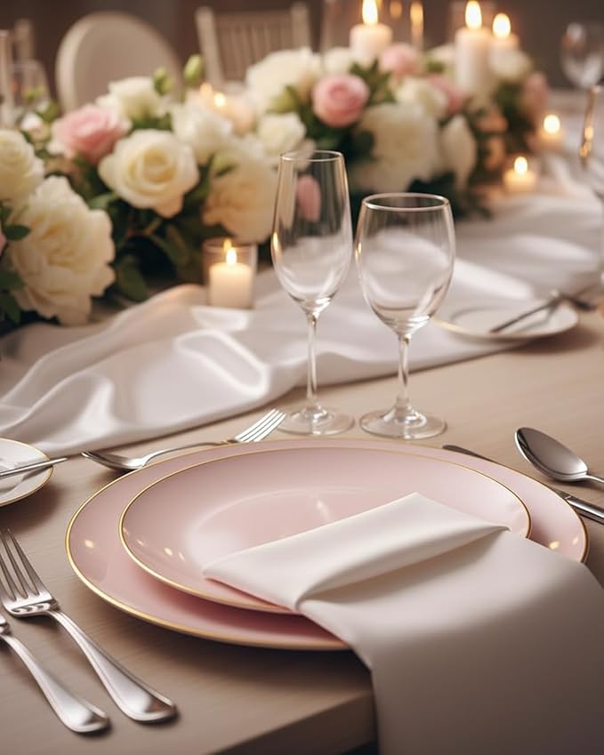 PULOTE 100PCS Pink Plastic Plates - Heavy Duty Pink and Gold Disposable for Party, Wedding, Easter, Include 50 Each (Dinner & Dessert) Plates
