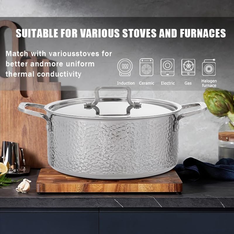 Vivicreate Tri Ply Stainless Steel Stock Pot with Lid 5 Quart Hammered Stockpot Induction Cooking Pot Soup Pot Compatible with All Stovetops (5QT)