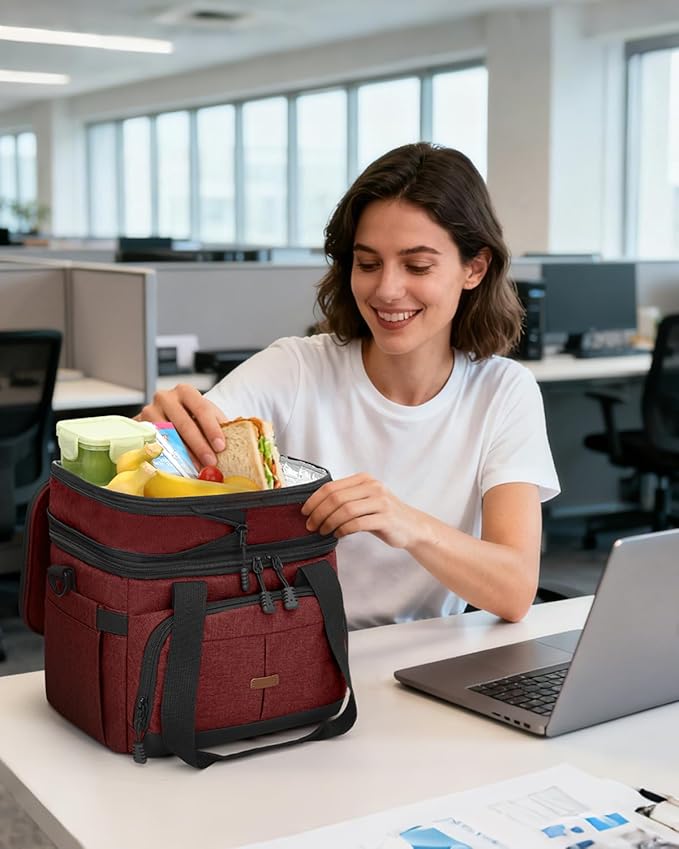 Lunch Box For Men Women Double Deck Insulated Lunch Bag For Men Woman Leakproof Expandable Cooler Bag with Adjustable Shoulder Strap for Work Picnic Camping(Wine Red,Large)