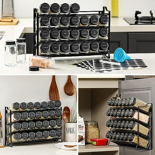 AOZITA Spice Rack Organizer for Cabinet, Spice Organizer with 28 Empty Spice Jars with Black Lids, Funnel, Spice Labels, Seasoning Organizer for Countertop, Cabinet, Kitchen, Pantry, Cupboard
