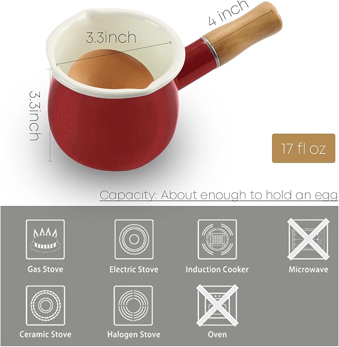 0.6qt Mini Enamel Milk Pot Insulated Wooden Handle 2 Pour Spouts Small Food Warmer Cute Saucepan (D015,RED)