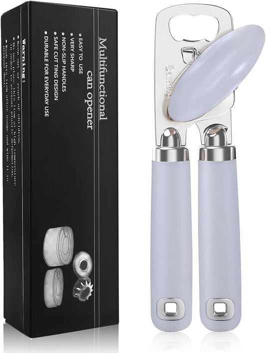 Can Opener Manual, Heavy Duty Stainless Steel Smooth Edge Can Opener With Soft Touch Handle, Oversized Handheld Easy Turn Knob, Multi-Function Bottle Opener, Lavender