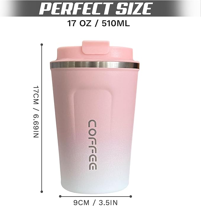 Travel Coffee Mug Leak-Proof, Reusable Coffee Cups with Lids, Stainless Steel Vacuum Insulated Coffee Tumblers, Thermal Insulation Cup for Men and Women Hot & Cold Drinks(2nd-Pink White, 17OZ)