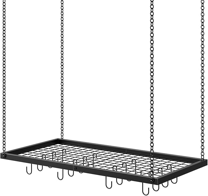 Hanging Pot Rack, Ceiling Mounted Pot Hanger for Kitchen, Metal Cookware Storage Organizer with 12 Hooks, for Storage of Cookware, Utensils in Kitchen, Black TPR31BB