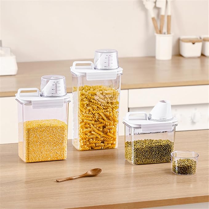 2Pcs Rice Dispenser Storage Containers, 1.8L Small Rice Bucket with Measuring Cup & Pour Spout, Kitchen Plastic Airtight Container for Cereal, Grain, Flour, Sugar, Oatmeal, Dry Pet Dog Food