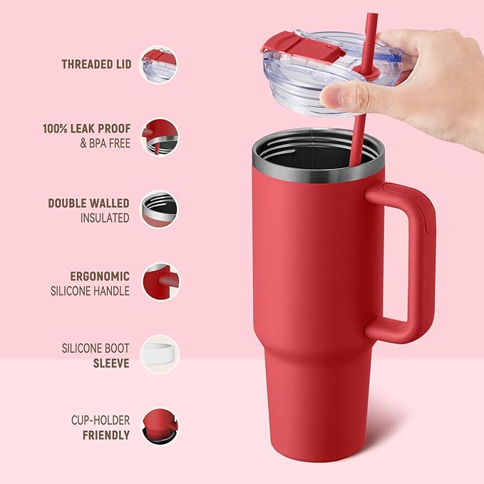 COKTIK 40 oz Tumbler With Handle and Straw, Insulated Tumbler With Leakproof Lids, Stainless Steel|BPA-Free, Cold for 24 H (Red)