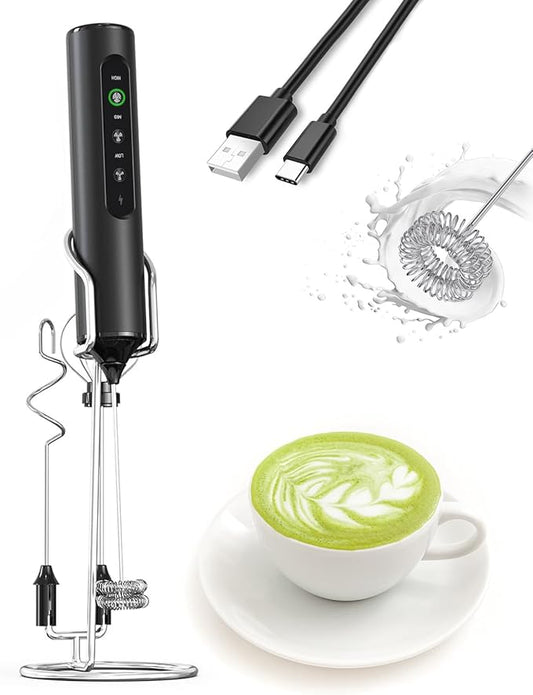3-in-1 Electric Milk Frother with Stand, Rechargeable LED Display & 3 Speeds - Portable Whisk for Coffee, Protein Shakes, Baking - Makes Latte, Cappuccino, Matcha Foam -Blk (Rechargeable with stand)