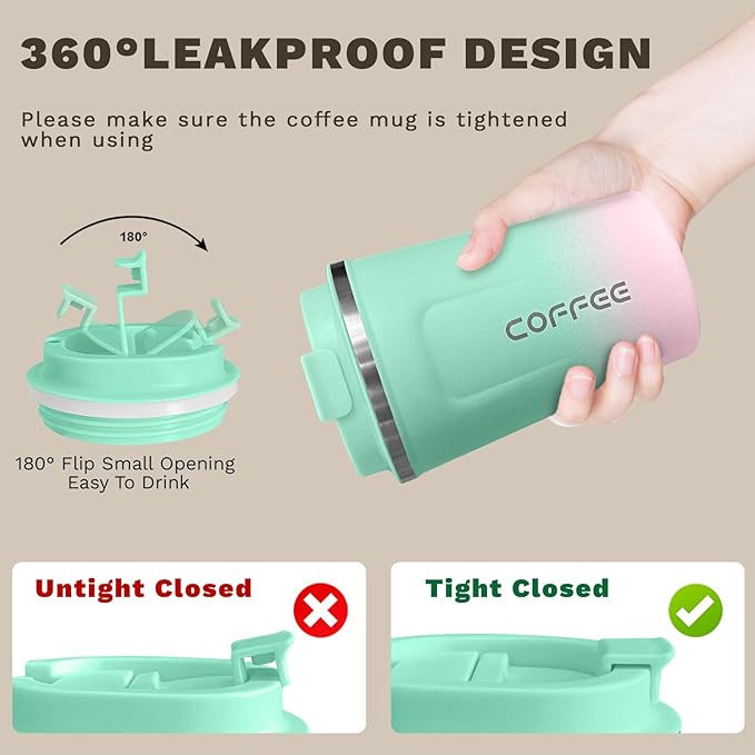 Travel Coffee Mug Leak-Proof, Reusable Coffee Cups with Lids, Stainless Steel Vacuum Insulated Coffee Tumblers, Thermal Insulation Cup for Men and Women Hot & Cold Drinks(2nd-Green Pink, 12OZ)