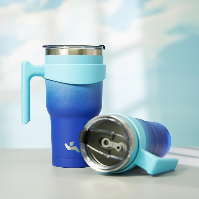 30 oz Tumbler with Handle and 2 Straw 2 Lid, Insulated Water Bottle Stainless Steel Vacuum Cup Reusable Travel Mug,Sky