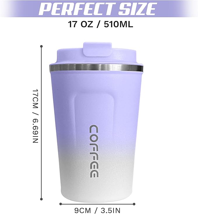 Travel Coffee Mugs Leak-Proof, Reusable Coffee Cup with Lids, Stainless Steel Vacuum Insulated Coffee Tumblers, Thermal Insulation Cup for Men & Women Hot & Cold Drinks(2nd-Purple White, 17OZ)