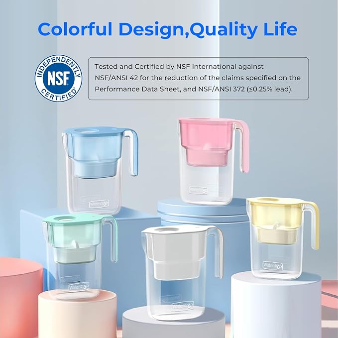 Waterdrop Water Filter Pitcher with 1 Filter, 5X Times Lifetime, Lasts 200 Gallons, for Fridge, Countertop and Gift, Reduces PFOA/PFOS, Chlorine, 7-Cup Capacity, Elfin, White