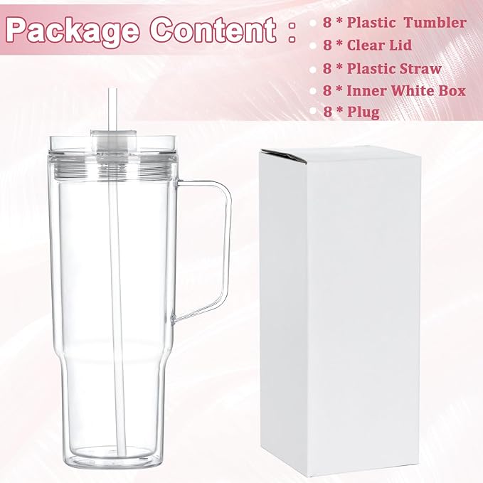 40 Oz Acrylic Snowglobe Tumbler with Handle, 8 Pack Pre-Drilled Double Wall Acrylic Clear Cup Tumbler for Glitter Snow Globe Diy