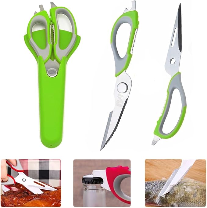 Multifunction Kitchen Food Scissors, Detachable Stainless Steel Heavy Duty Culinary Scissors, 7-in-1 Household Shears with Magnetic Holder, for Cut Poultry Meat Bone Vegetables Fruit Seafood (green)