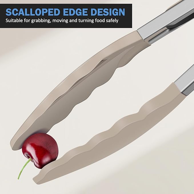 Tongs for Cooking, 600ºF High Heat-Resistant Stainless Steel Kitchen Tongs with Silicone Tips, Non Scratch, Locking Tong for BBQ Grilling Air Fryer Food Salads, Set of 2 (9" and 12") Beige