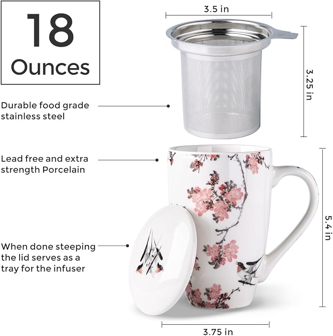 AmorArc Porcelain Tea Mug with Infuser and Lid – 18oz Loose Leaf Tea Cup with Handle, Gift for Tea Lovers (Men & Women)