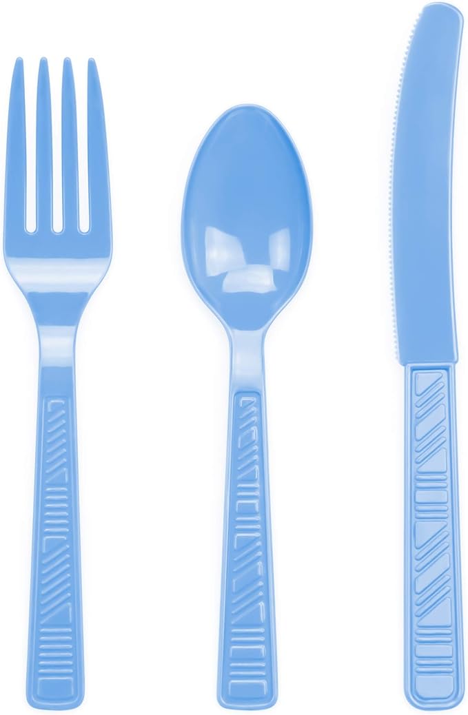 DecorRack Plastic Cutlery Set, Light Blue Colored Plastic Silverware Sets for Parties, 96 Piece Bulk Heavy Duty Utensils (Light Blue, 96 Pieces)