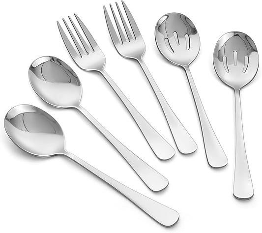 6PCS Serving Spoons and Forks Set- Solid Spoon x 2, Slotted Spoon x 2, Solid Fork x 2, 8.66inch Stainless Steel Serving Utensils for Buffet Party Dinner Banquet Cooking Kitchen