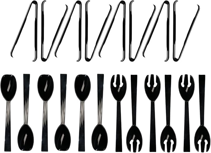 Party Essentials Plastic Party Buffet Serving Utensils Kit, Spoons/Forks/Tongs, 20-Piece, Black