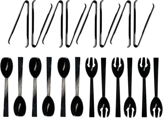 Party Essentials Plastic Party Buffet Serving Utensils Kit, Spoons/Forks/Tongs, 20-Piece, Black