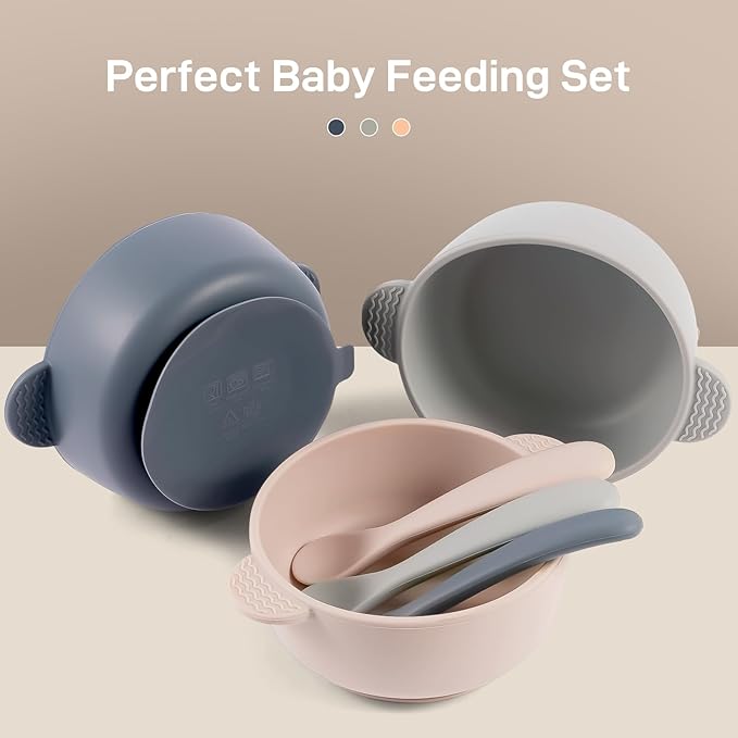 Silicone Baby Feeding Set, 3 Pack Baby Bowls with Suction and 3 Pack Baby Spoons for Babies Toddlers Kids, BPA Free, Baby Utensils Feeding Supplies, Microwave and Dishwasher Safe