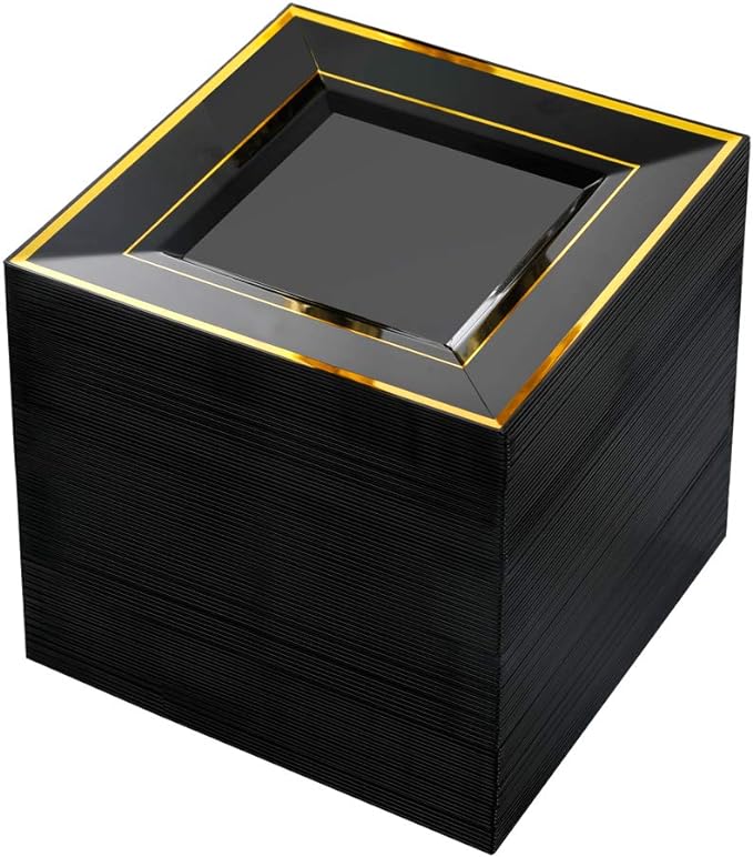 bUCLA 100PCS Black Square Plastic Plates with Gold Rim - 6 inch Disposable Dessert/Appetizer/Small Cake Plates for Party, Graduation & New Year