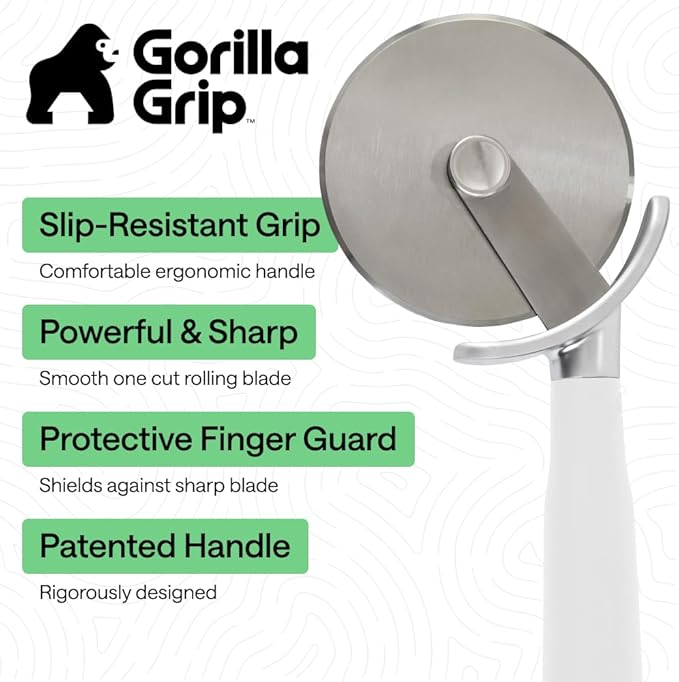 GORILLA GRIP Patented BPA-Free Large Pizza Cutter Wheel, 9 Inch, Extra Sharp Stainless Steel Blade, Slip Resistant Handle with Thumb Guard Protection, Slice Thick or Thin Pizzas, Pie, Pastries, White