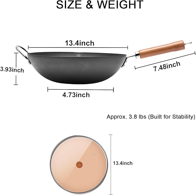 WANGYUANJI Carbon Steel Wok Pan, 13.4" Woks & Stir-Fry Pans with Glass Lid No Chemical Coated Flat Bottom Iron Wok for Induction, Electric, Gas, Halogen All Stoves