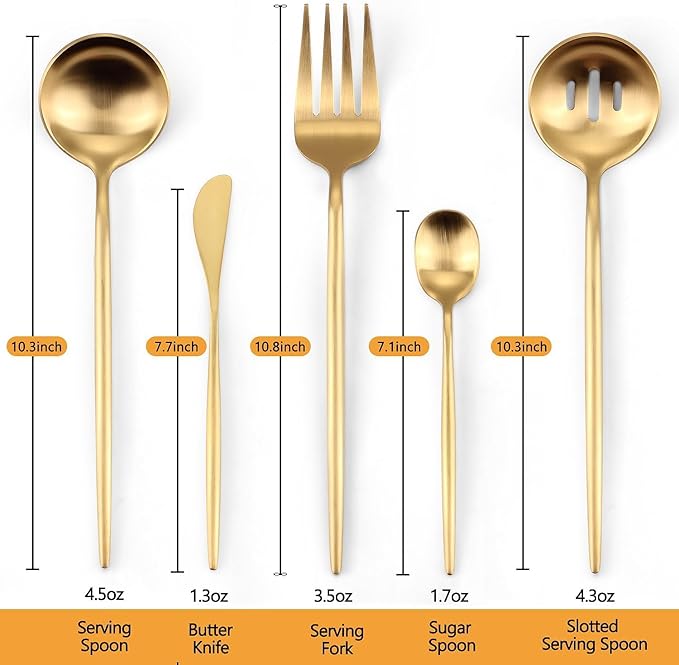 Gold Stainless Steel Serving Utensils Set, 5 Pcs - 10.8 Inch Serving Fork, 10.3 Inch Slotted Spoon, Sugar Spoon, Butter Knife for Buffet