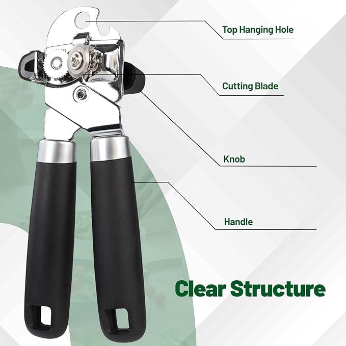 Can Opener Multifunction Manual Can Opener Features Black Stainless Steel Construction Open Can Beer Bottle for Daily Kitchen Use Seniors and Arthritis Hands