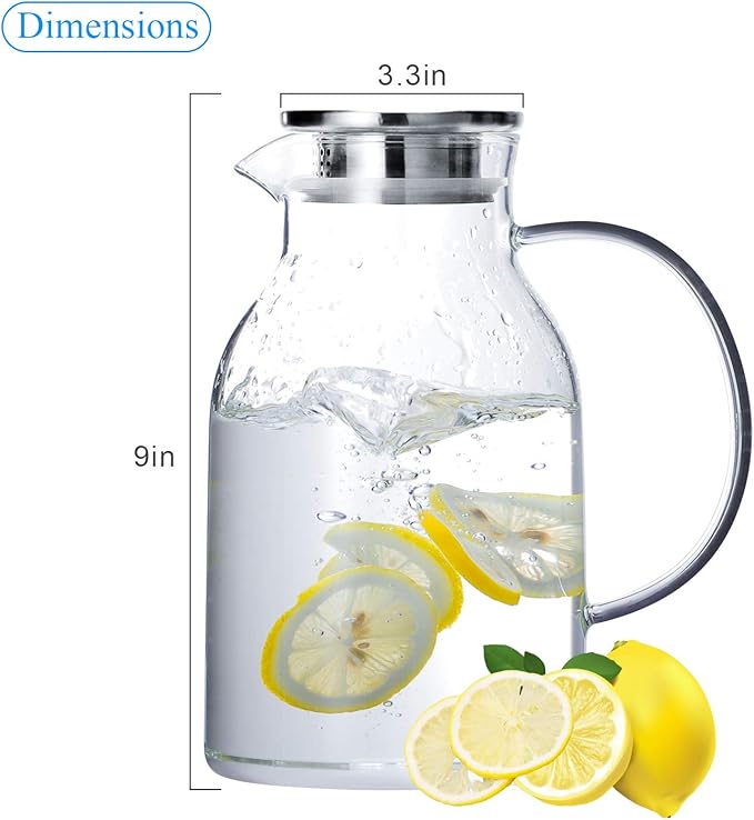 Glass Water Pitcher with Lid and Spout, 68 Ounces Heat Resistant Borosilicate Glass Carafe, Temperature Safe