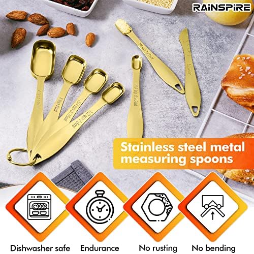 Rainspire Heavy Duty Measuring Spoons Set Stainless Steel, Metal Measuring Cups and Spoons Set for Dry or Liquid, Fits in Spice Jar, Home Gadgets Kitchen Gadgets, Set of 7 Including Leveler, Gold