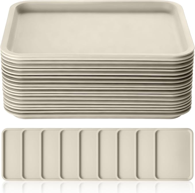 Gerrii 18 Pcs Plastic Fast Food Trays Bulk Restaurant Serving Cafeteria Tray Grill School Lunch Tray Rectangular Serving Platter for Kitchen Hotel Restaurant (Khaki,12 x 9 Inch)