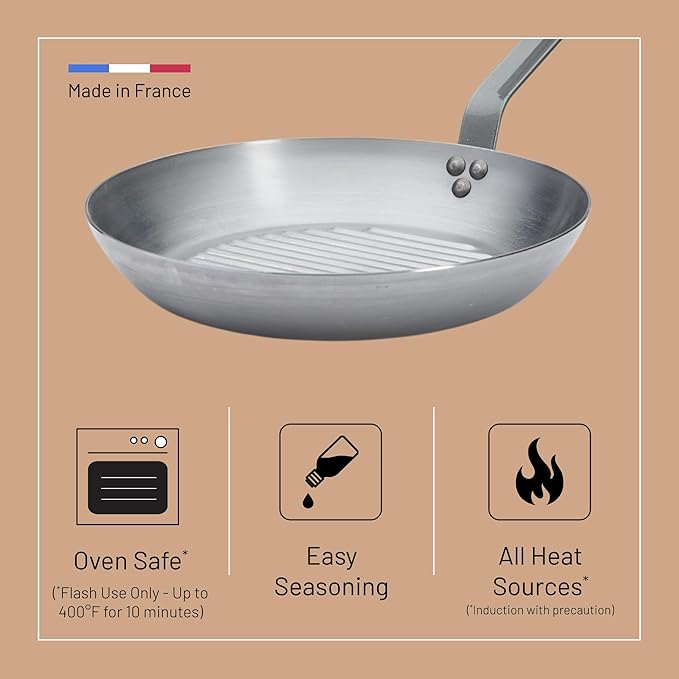 de Buyer MINERAL B Carbon Steel Grill Pan - 12.5” Diameter - Ideal for Grilling & Browning Meat - Naturally Non-Stick Finish - Made in France