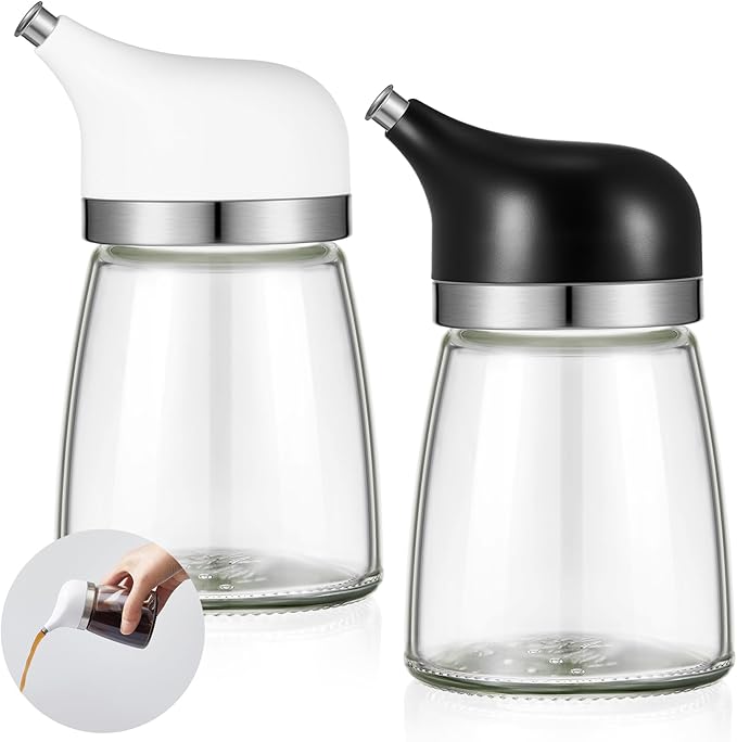 2 Pcs Cruet Dispenser Set 5 oz, White and Black Glass Soy Sauce Dispenser, Small Olive Oil and Vinegar Bottles, Soy Sauce Bottle, Non Drip Spout Cruet Bottle for Kitchen Cooking