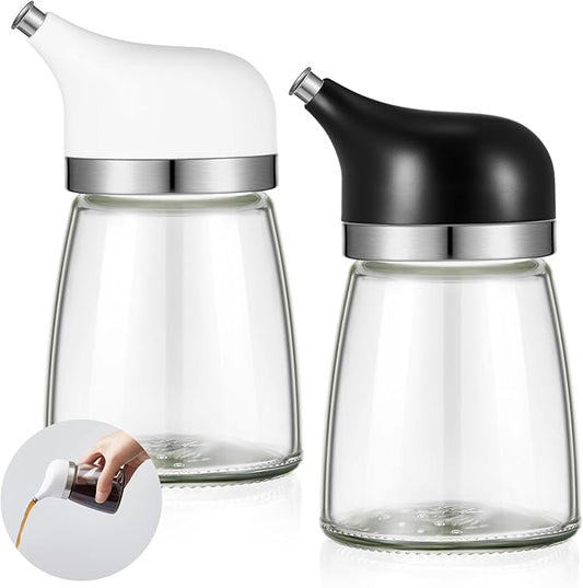 2 Pcs Cruet Dispenser Set 5 oz, White and Black Glass Soy Sauce Dispenser, Small Olive Oil and Vinegar Bottles, Soy Sauce Bottle, Non Drip Spout Cruet Bottle for Kitchen Cooking