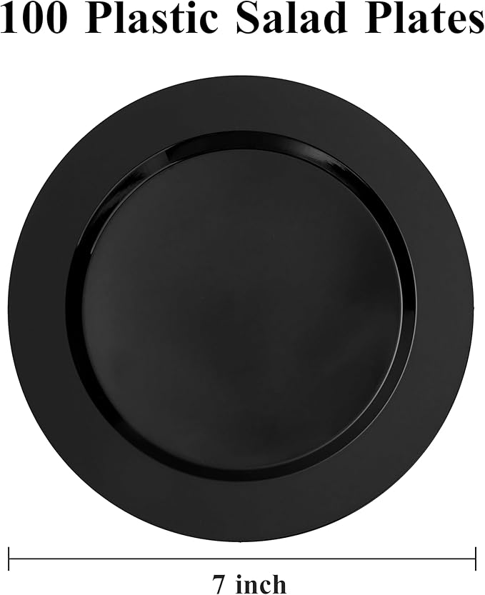 100PCS Black Plastic Dessert Plates 7inch, Premium Hard Disposable Plates for Party, Wedding