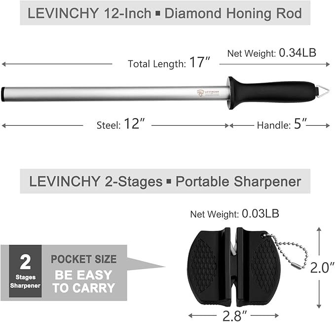 Diamond Knife Sharpening Steel - 12 inch Professional Diamond Coated Honing Steel, Premium Knife Sharpener Rod for All Knives, Lightweight & Durable